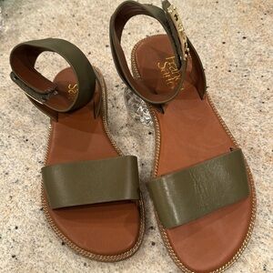 Olive green Franco Sarto sandals enhanced with gold chain trim